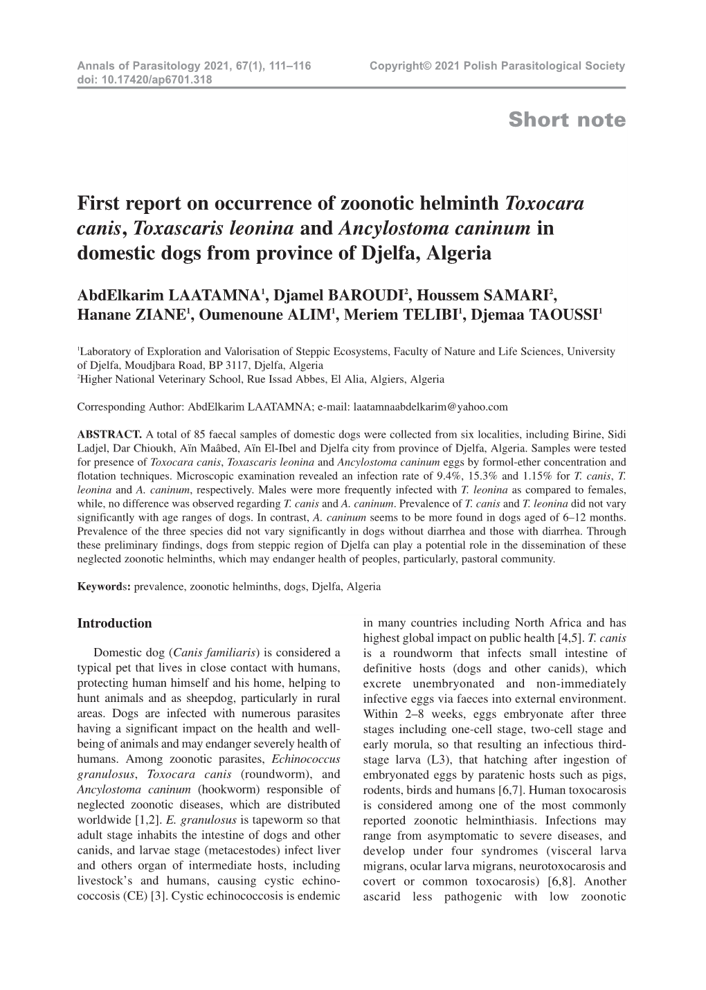 Short Note First Report on Occurrence of Zoonotic Helminth Toxocara Canis