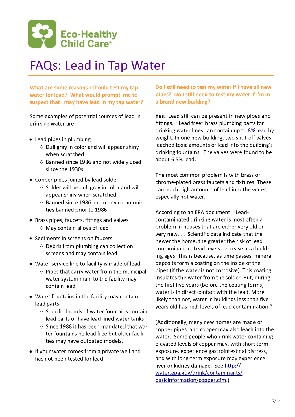 Faqs: Lead in Tap Water