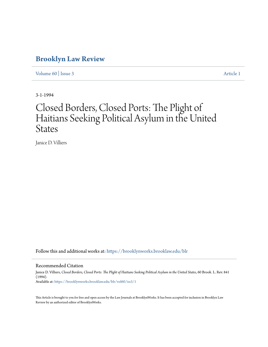 The Plight of Haitians Seeking Political Asylum in the United States, 60 Brook