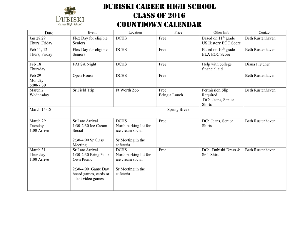 Dubiski Career High School Class of 2016 Countdown Calendar