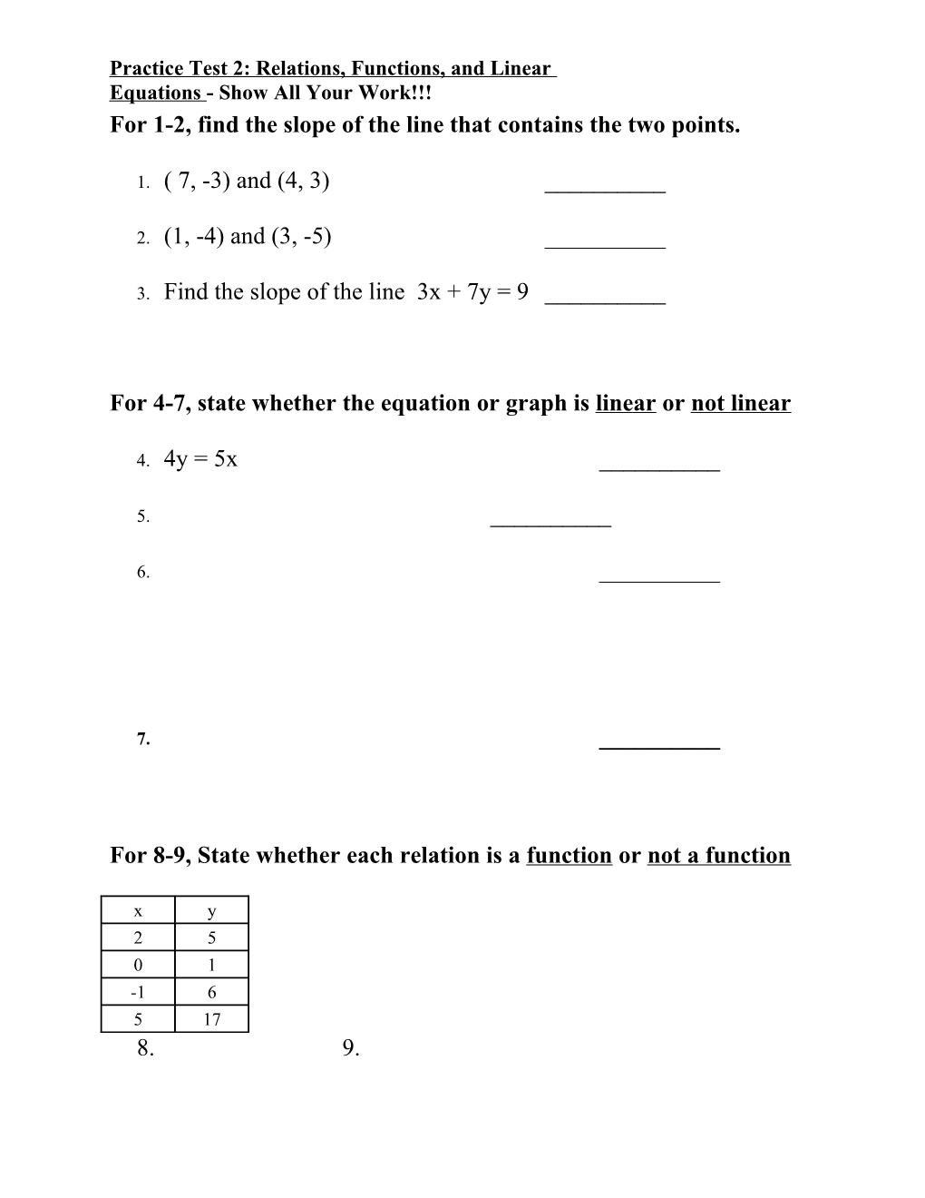 For 1-2, Find the Slope of the Line That Contains the Two Points