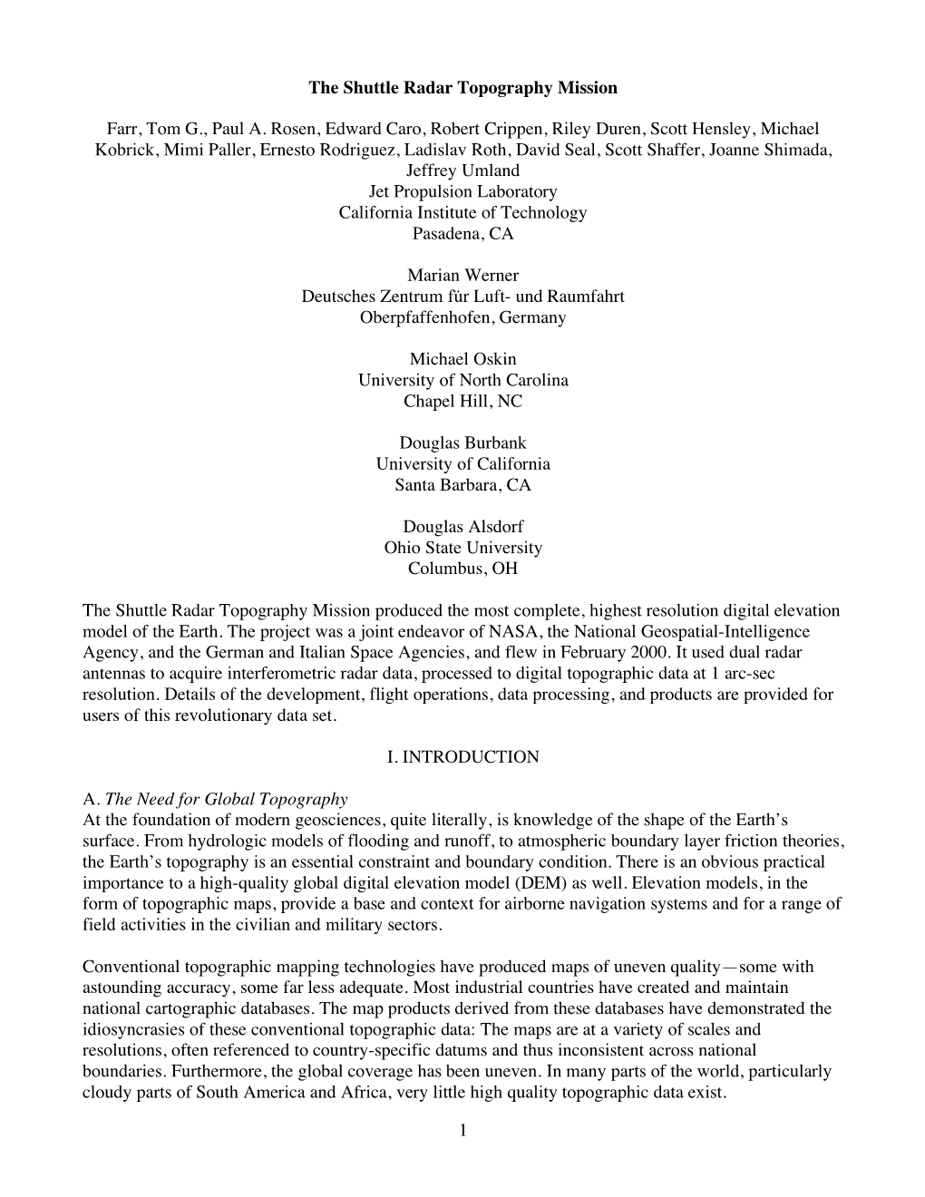 The Shuttle Radar Topography Mission