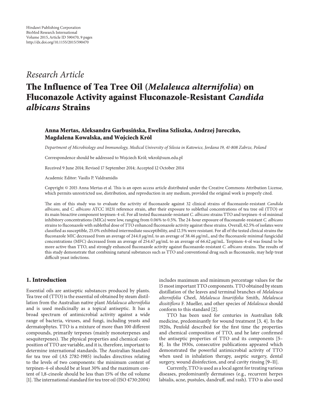 The Influence of Tea Tree Oil (Melaleuca Alternifolia) on Fluconazole Activity Against Fluconazole-Resistant Candida