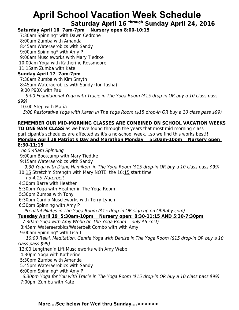 April School Vacation Week Schedule