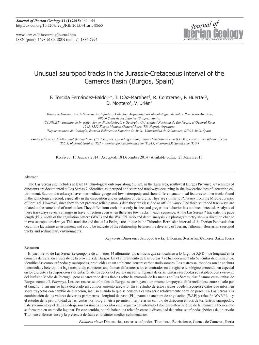 Unusual Sauropod Tracks in the Jurassic-Cretaceous Interval of the Cameros Basin (Burgos, Spain)