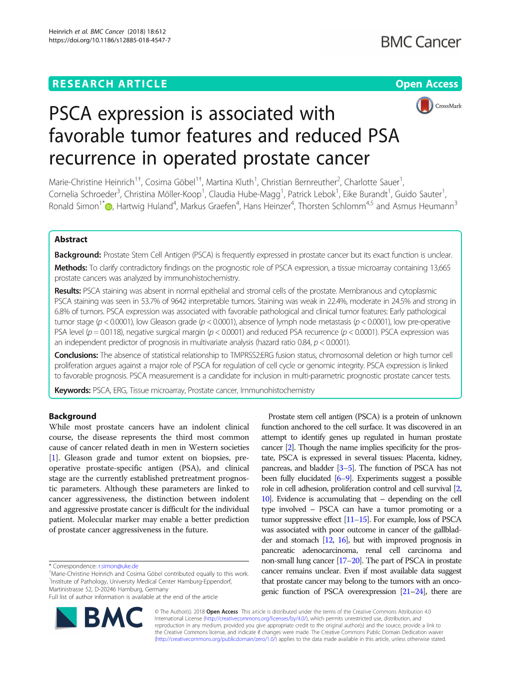 PSCA Expression Is Associated with Favorable Tumor Features And