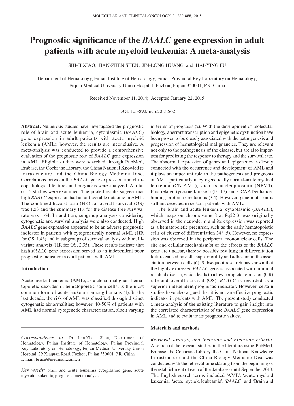 Prognostic Significance of the BAALC Gene