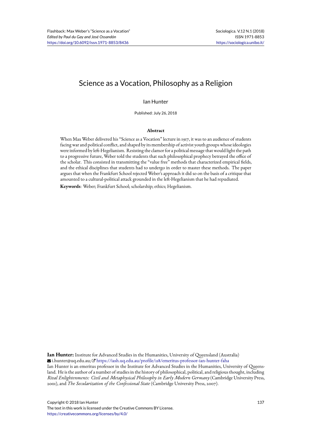 Science As a Vocation, Philosophy As a Religion