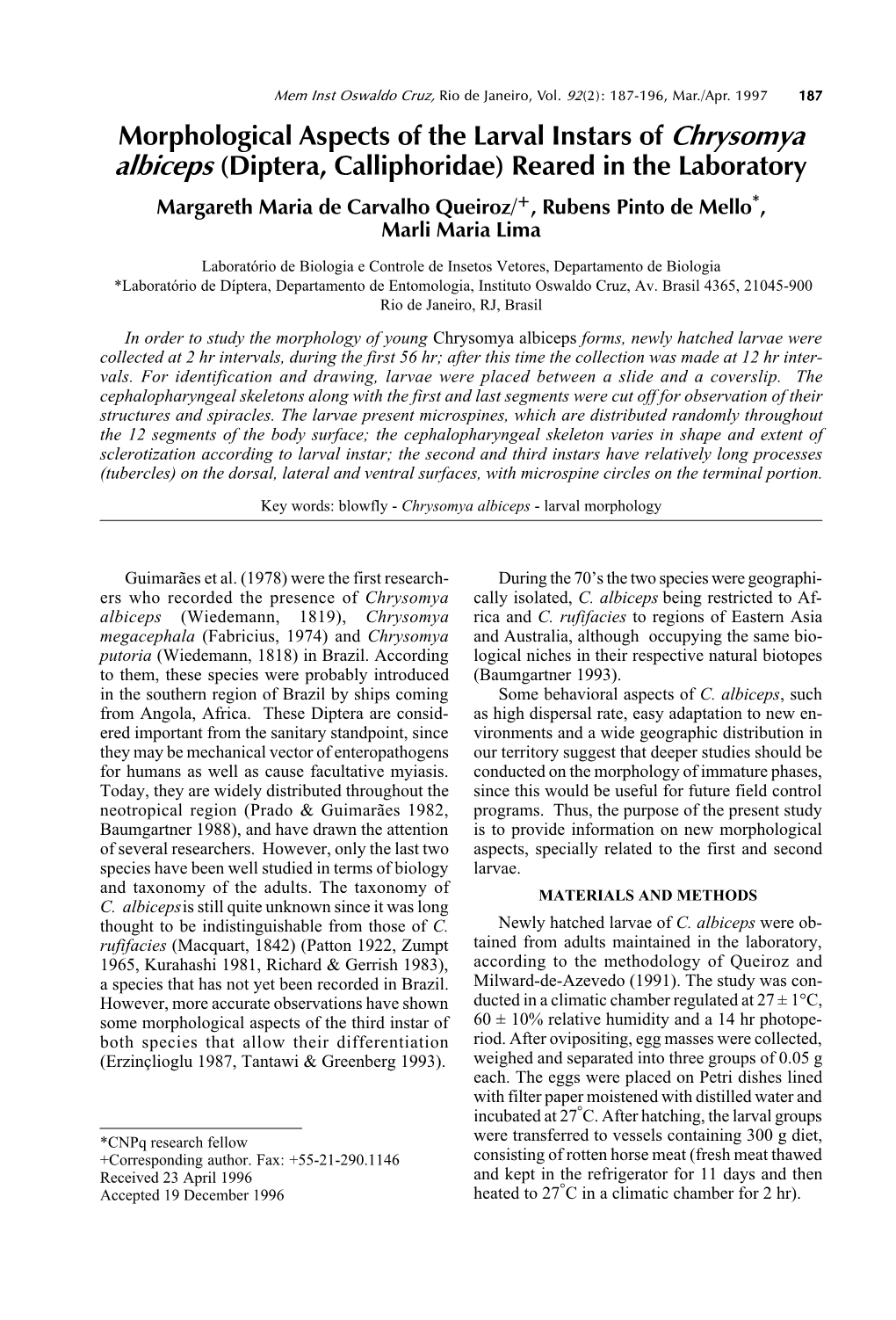 Morphological Aspects of the Larval Instars of Chrysomya Albiceps