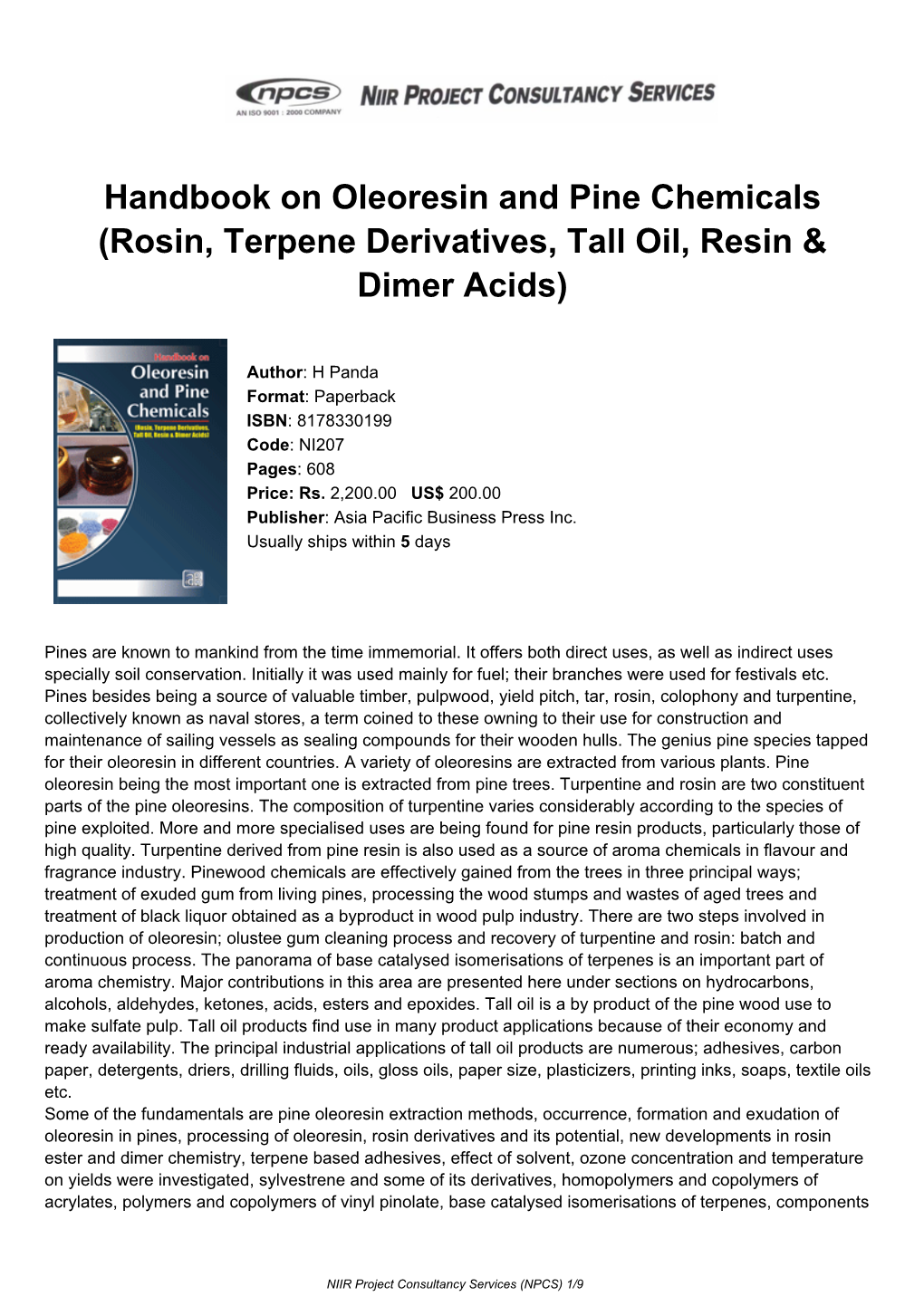 Handbook on Oleoresin and Pine Chemicals (Rosin, Terpene Derivatives, Tall Oil, Resin & Dimer Acids)