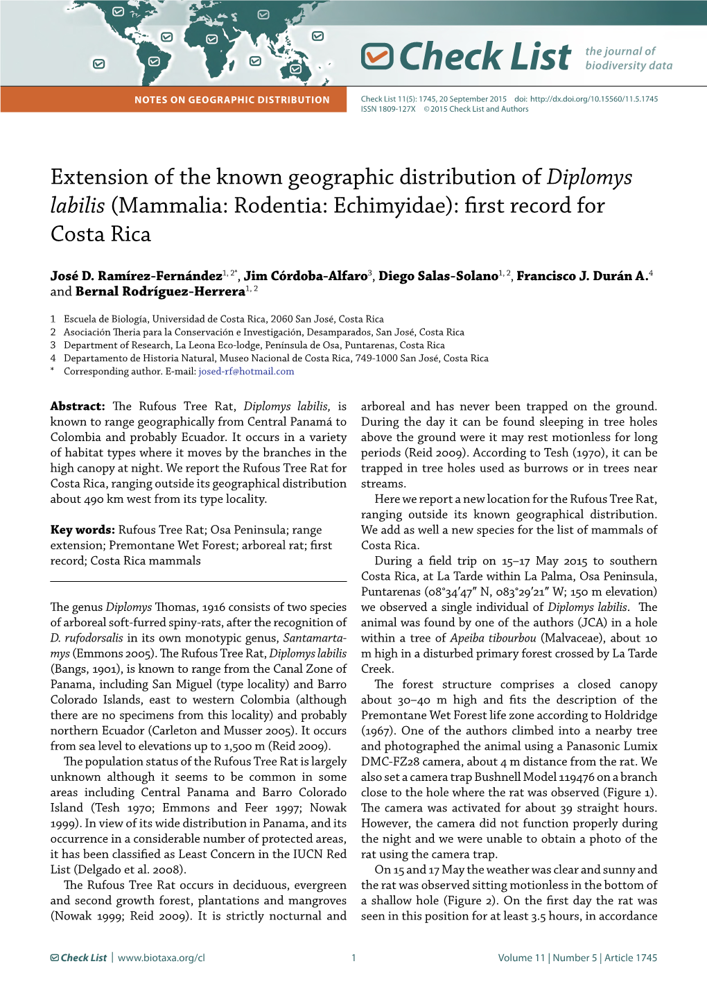 Extension of the Known Geographic Distribution of Diplomys Labilis (Mammalia: Rodentia: Echimyidae): First Record for Costa Rica