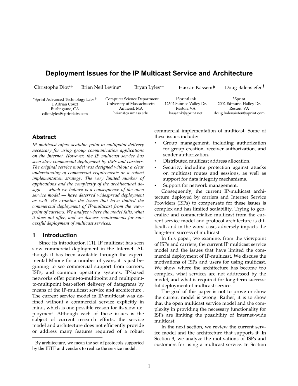 Deployment Issues for the IP Multicast Service and Architecture