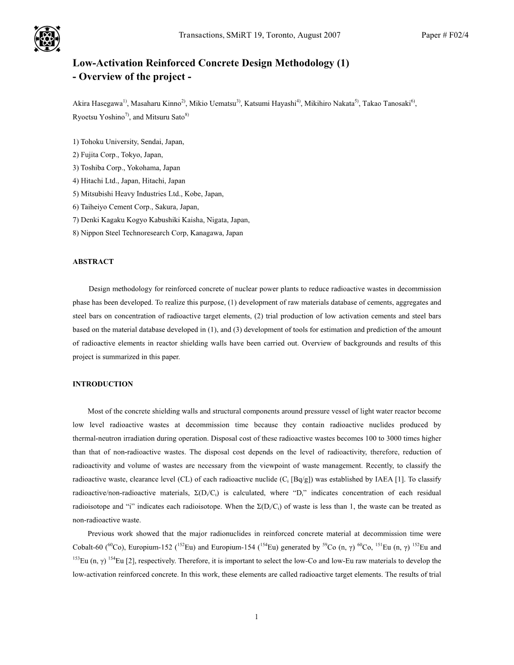 Low-Activation Reinforced Concrete Design Methodology (1) - Overview of the Project