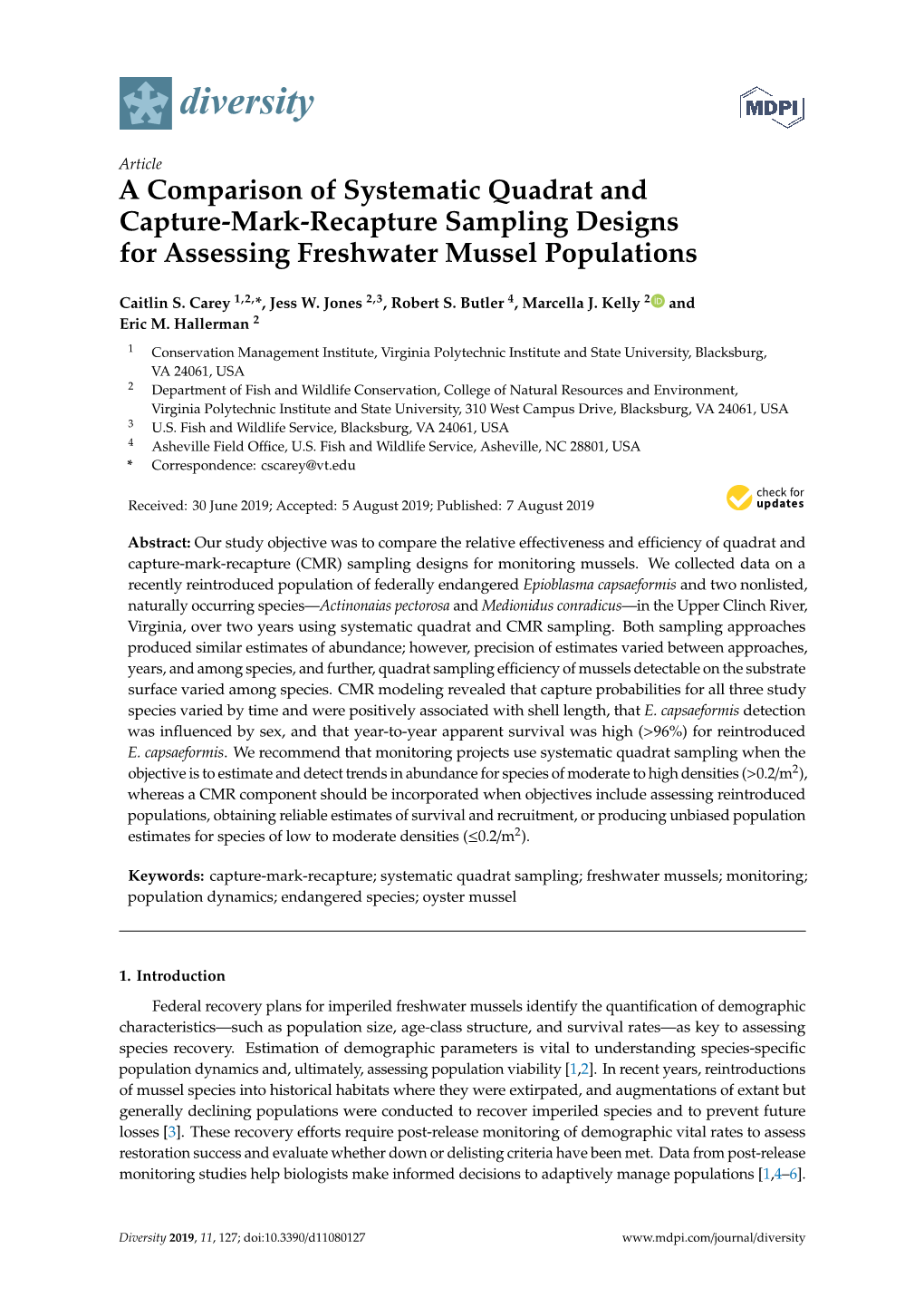 A Comparison of Systematic Quadrat and Capture-Mark-Recapture Sampling Designs for Assessing Freshwater Mussel Populations