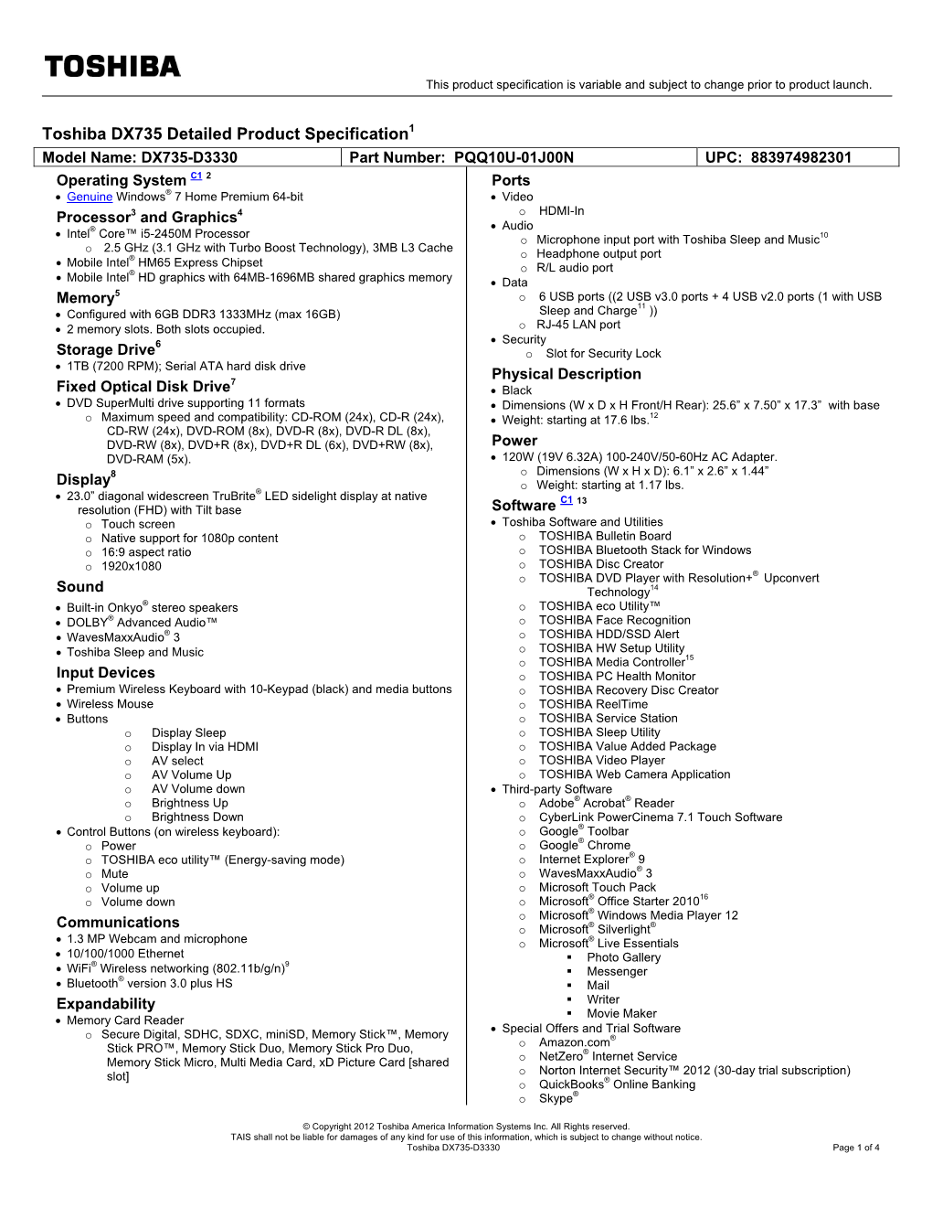 Toshiba DX735 Detailed Product Specification1