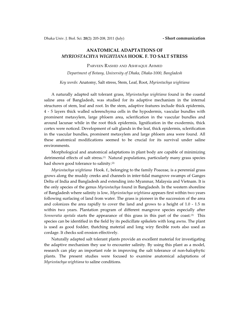 Anatomical Adaptations of Myostachya Wightiana Hook