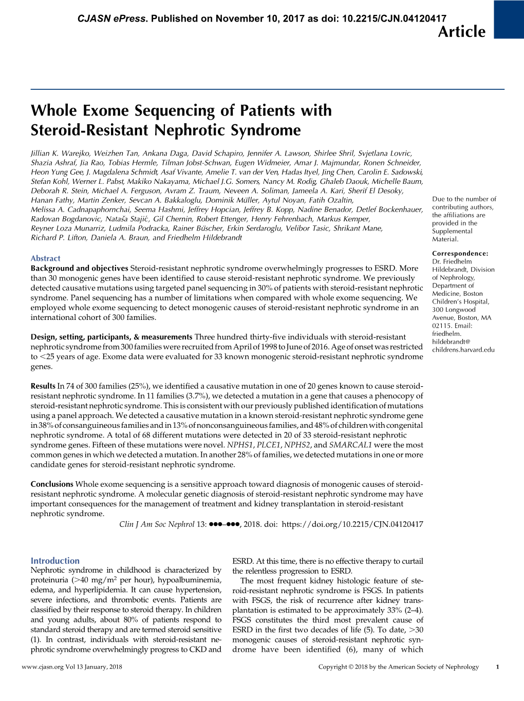 Whole Exome Sequencing of Patients with Steroid-Resistant Nephrotic Syndrome