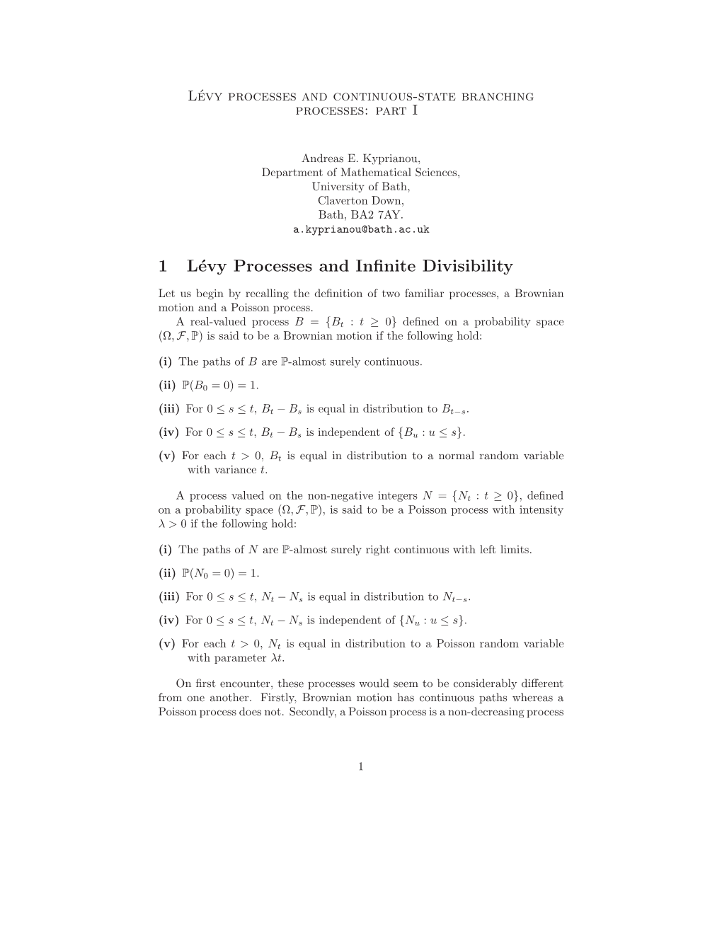 1 Lévy Processes and Infinite Divisibility