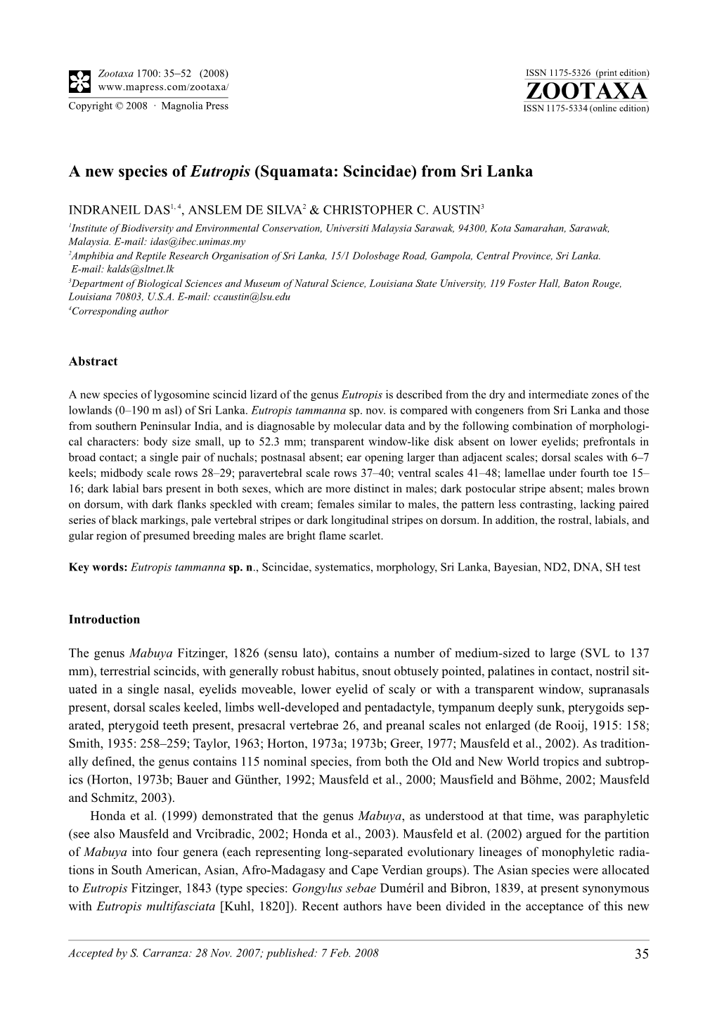 Zootaxa, a New Species of Eutropis (Squamata: Scincidae) from Sri Lanka