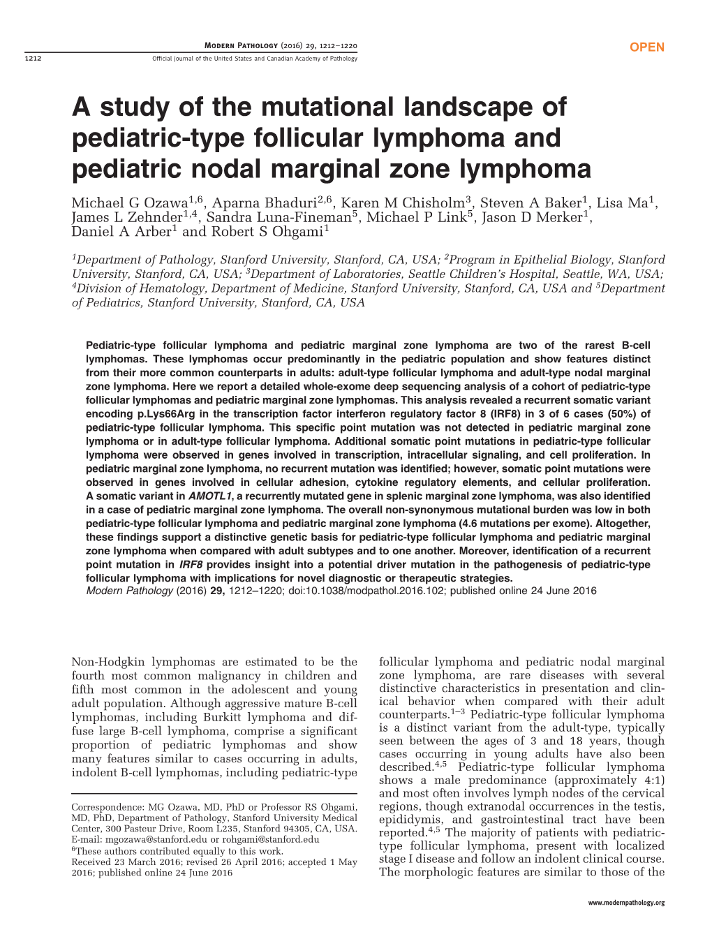 A Study of the Mutational Landscape of Pediatric-Type Follicular Lymphoma