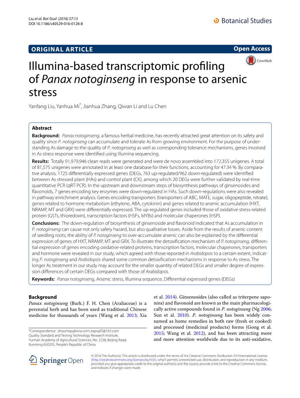 Illumina-Based Transcriptomic Profiling of Panax Notoginseng in Response