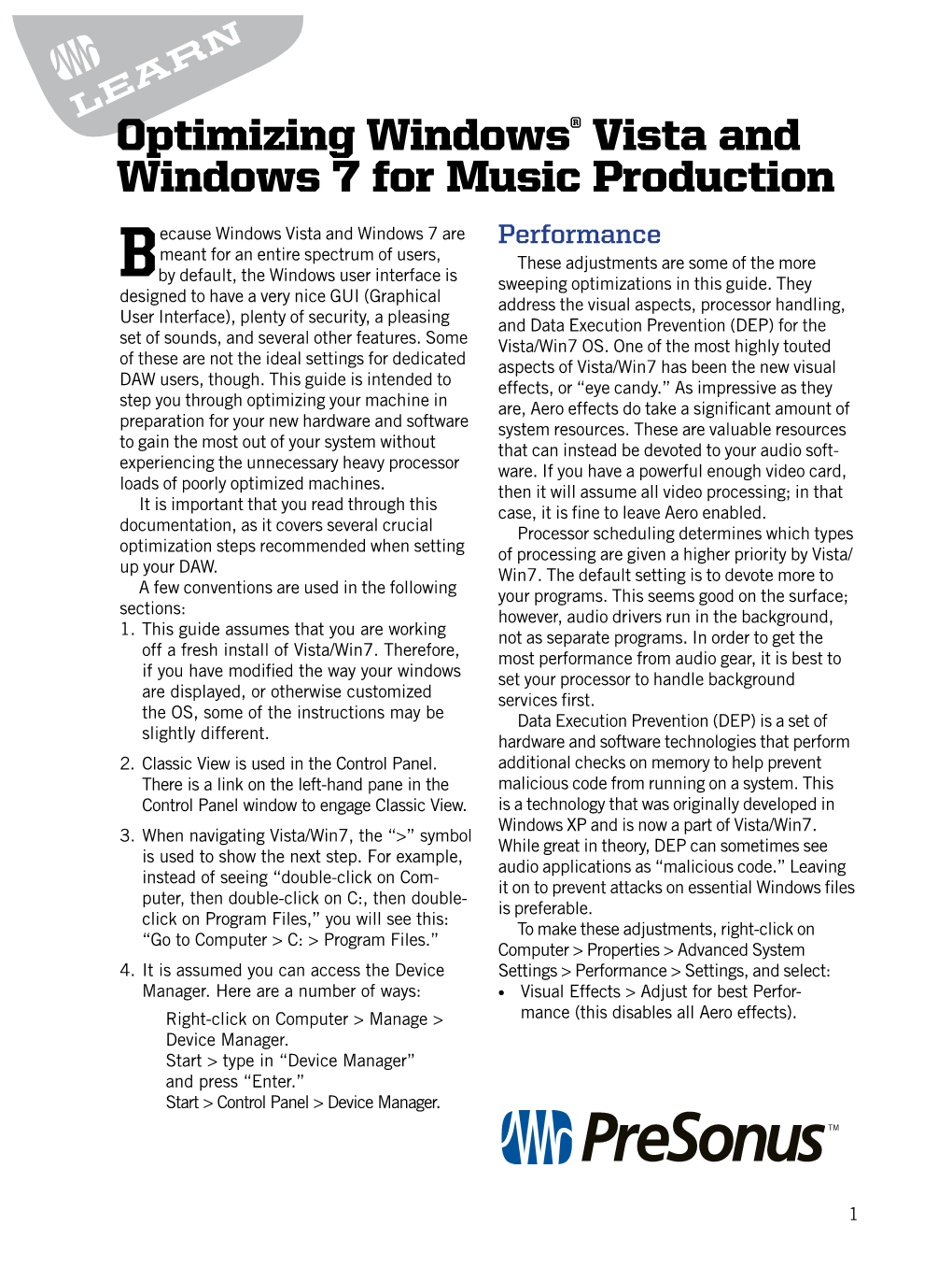 Optimizing Windows® Vista and Windows 7 for Music Production