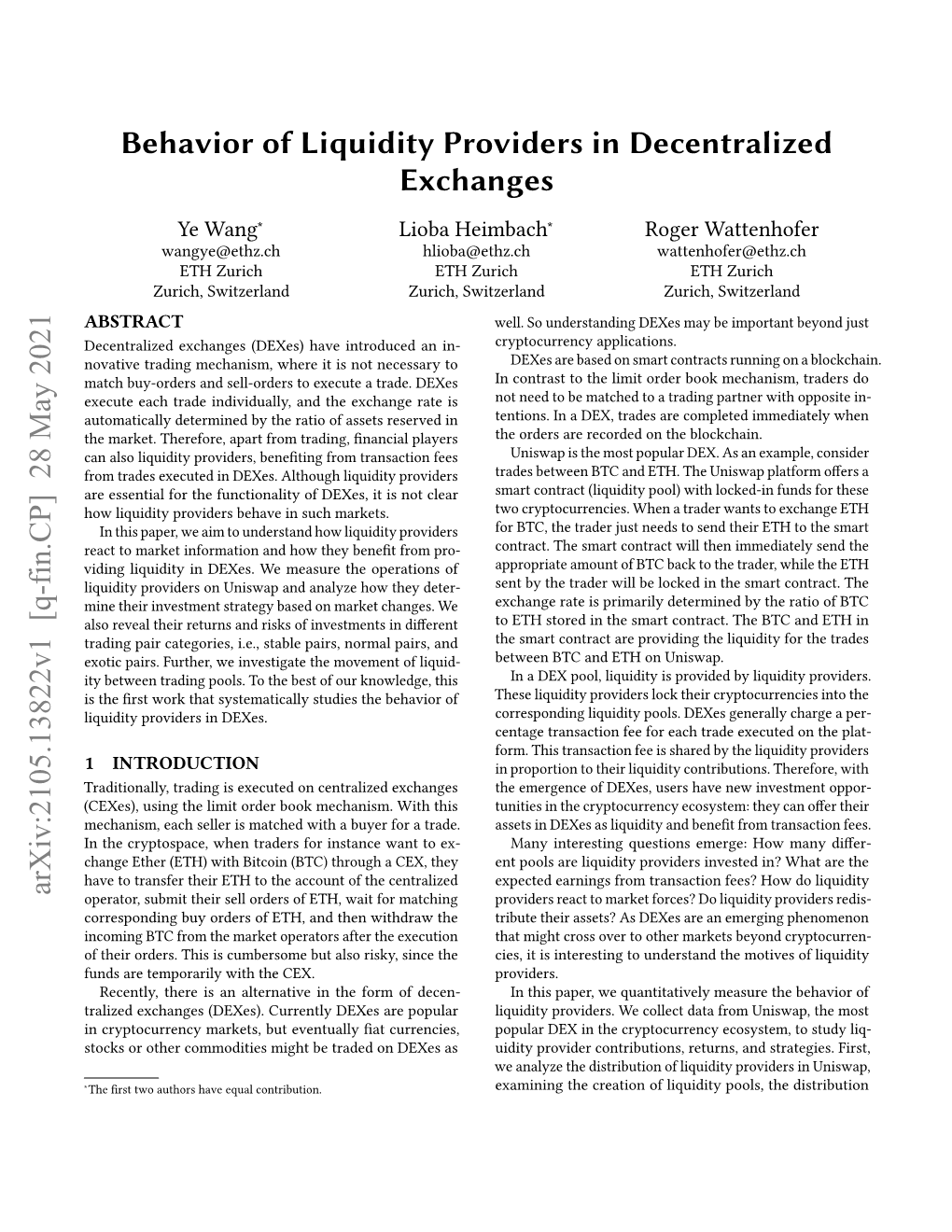 Behavior of Liquidity Providers in Decentralized Exchanges Arxiv:2105.13822V1 [Q-Fin.CP] 28 May 2021