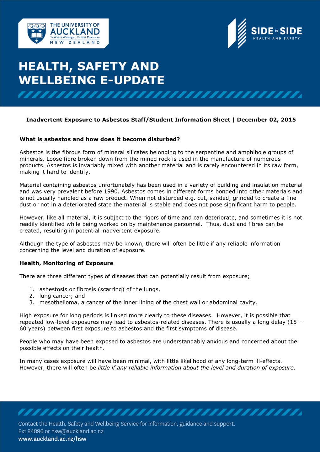 Inadvertent Exposure to Asbestos Staff/Student Information Sheet | December 02, 2015