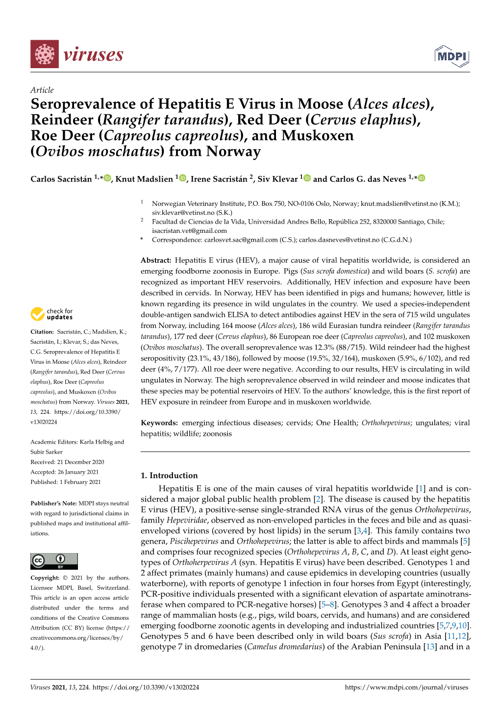 Seroprevalence of Hepatitis E Virus in Moose (Alces Alces), Reindeer