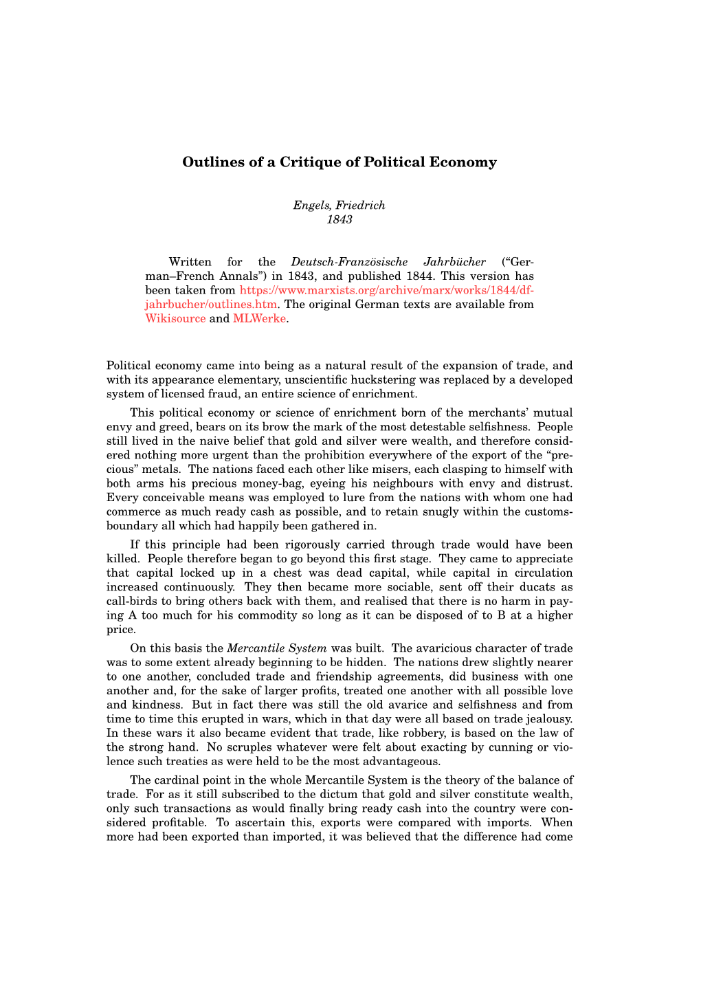 Outlines of a Critique of Political Economy