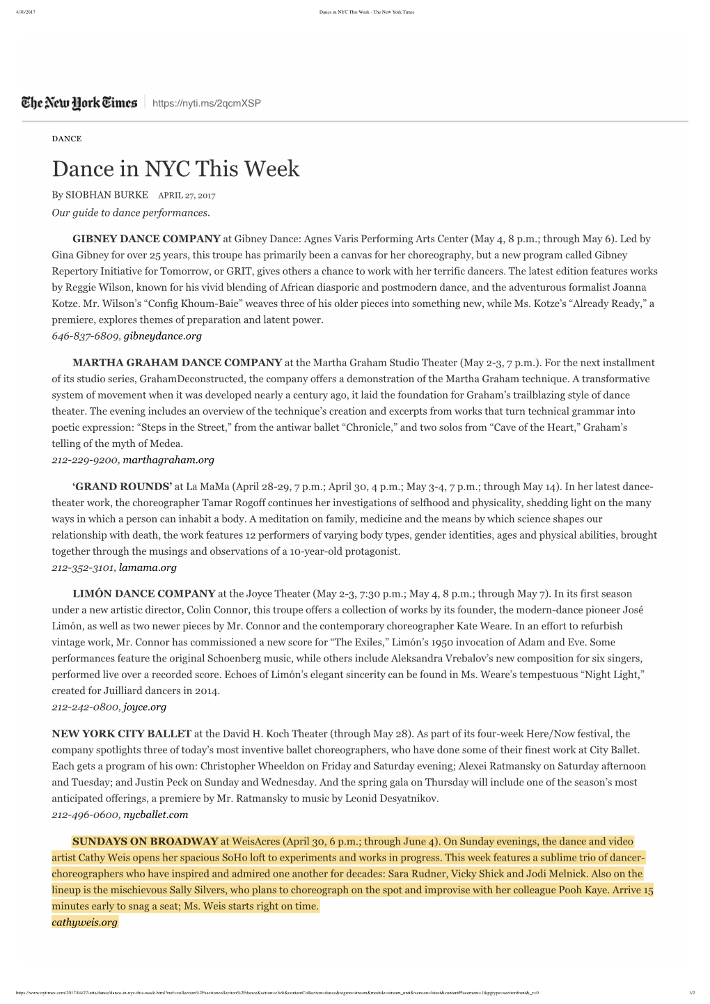 Dance in NYC This Week - the New York Times