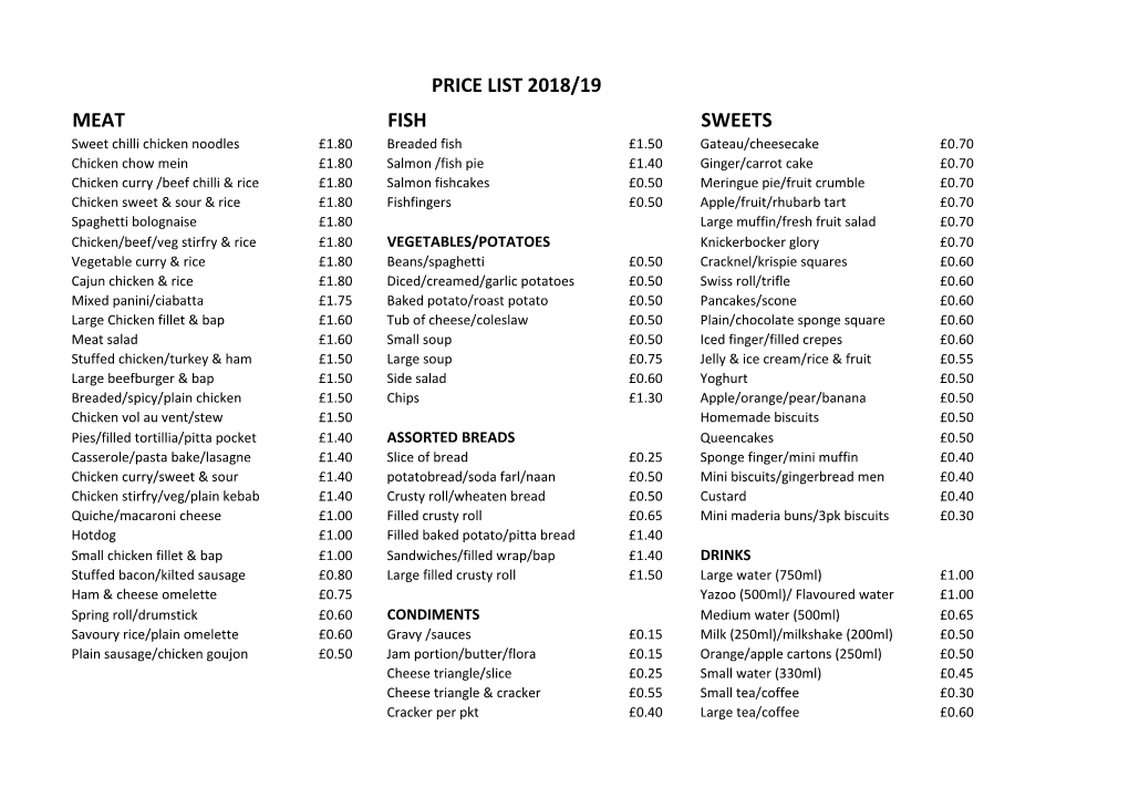 Price List 2018/19 Meat Fish Sweets