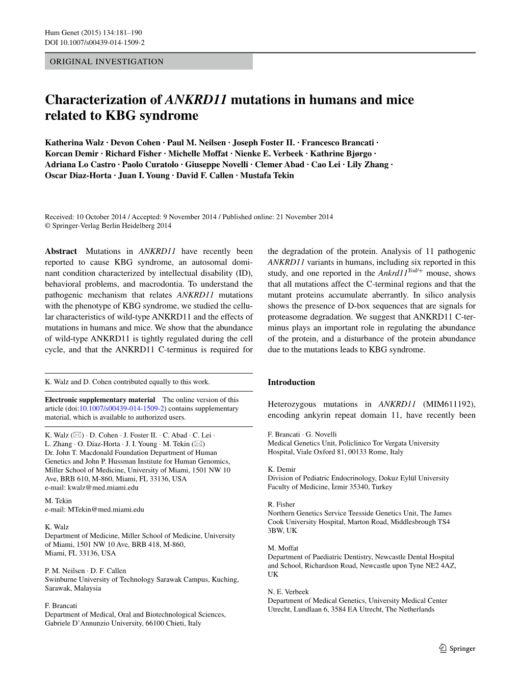 Characterization of ANKRD11 Mutations in Humans and Mice Related to KBG Syndrome