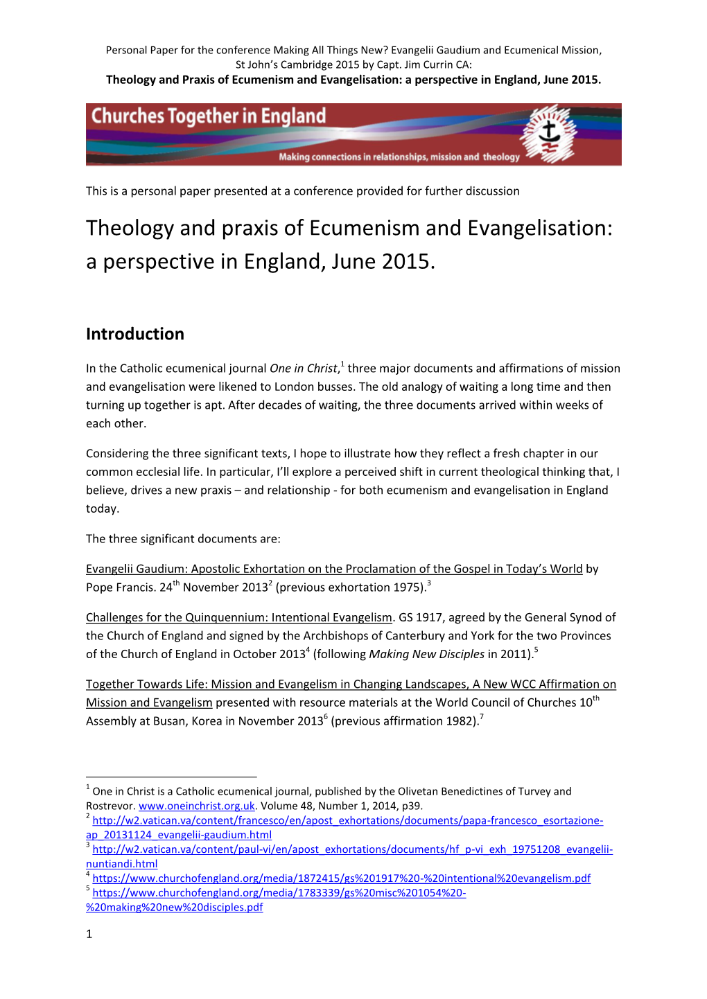 Theology and Praxis of Ecumenism and Evangelisation: a Perspective in England, June 2015