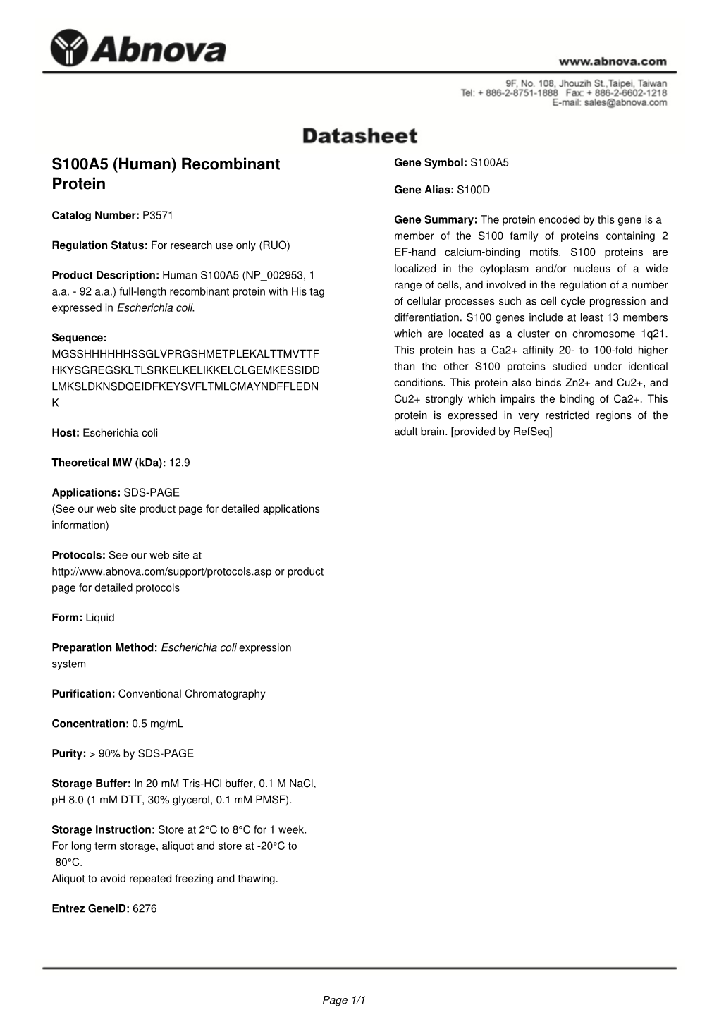 S100A5 (Human) Recombinant Protein