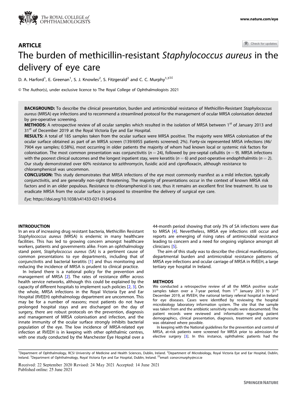 The Burden of Methicillin-Resistant Staphylococcus Aureus in the Delivery of Eye Care ✉ D