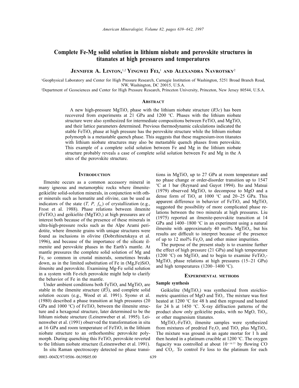 Complete Fe-Mg Solid Solution in Lithium Niobate and Perovskite Structures in Titanates at High Pressures and Temperatures