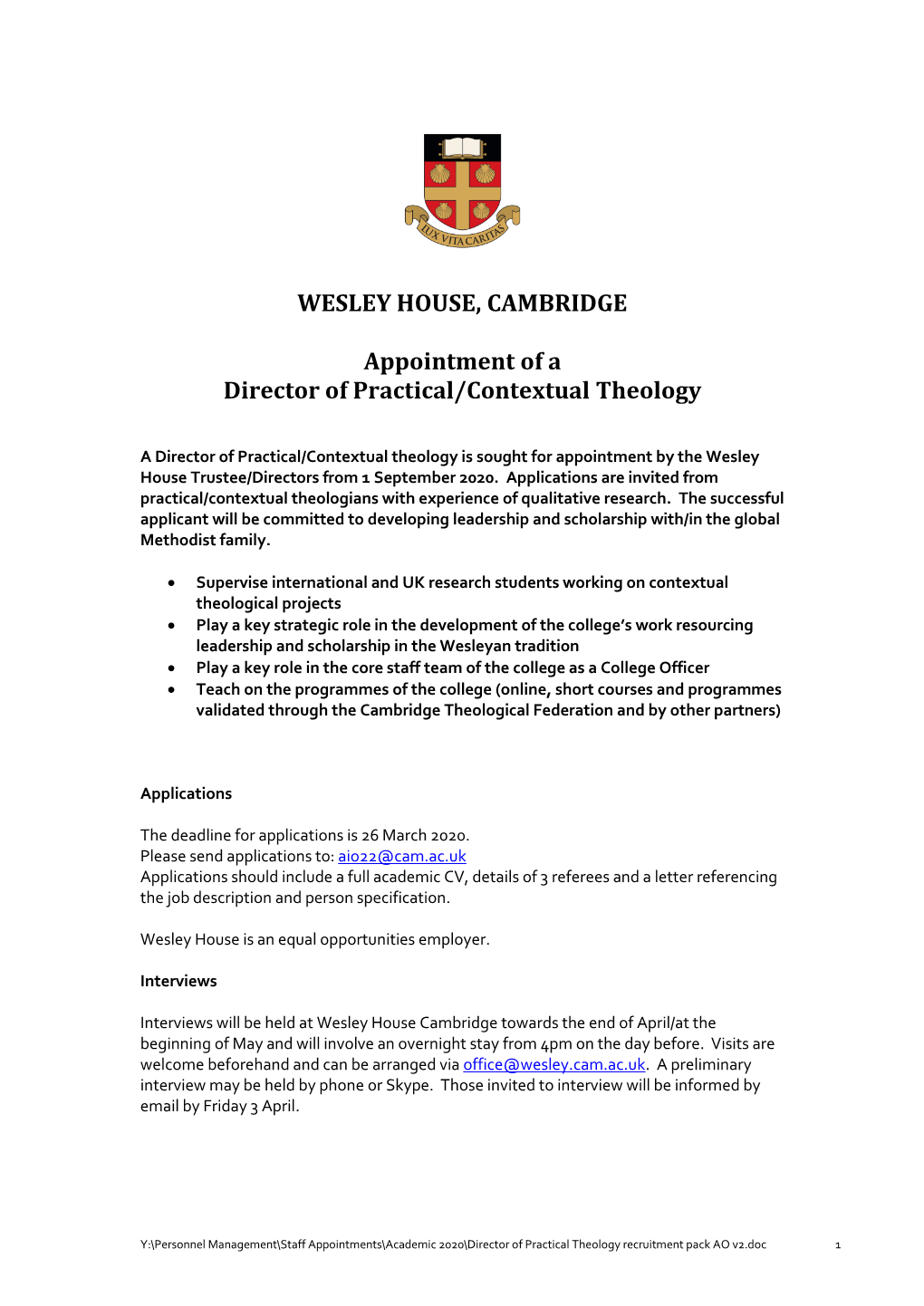 WESLEY HOUSE, CAMBRIDGE Appointment of a Director Of