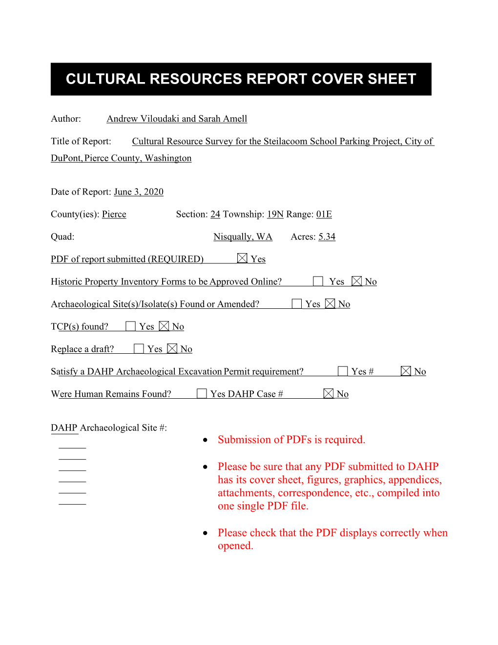 Cultural Resources Report Cover Sheet