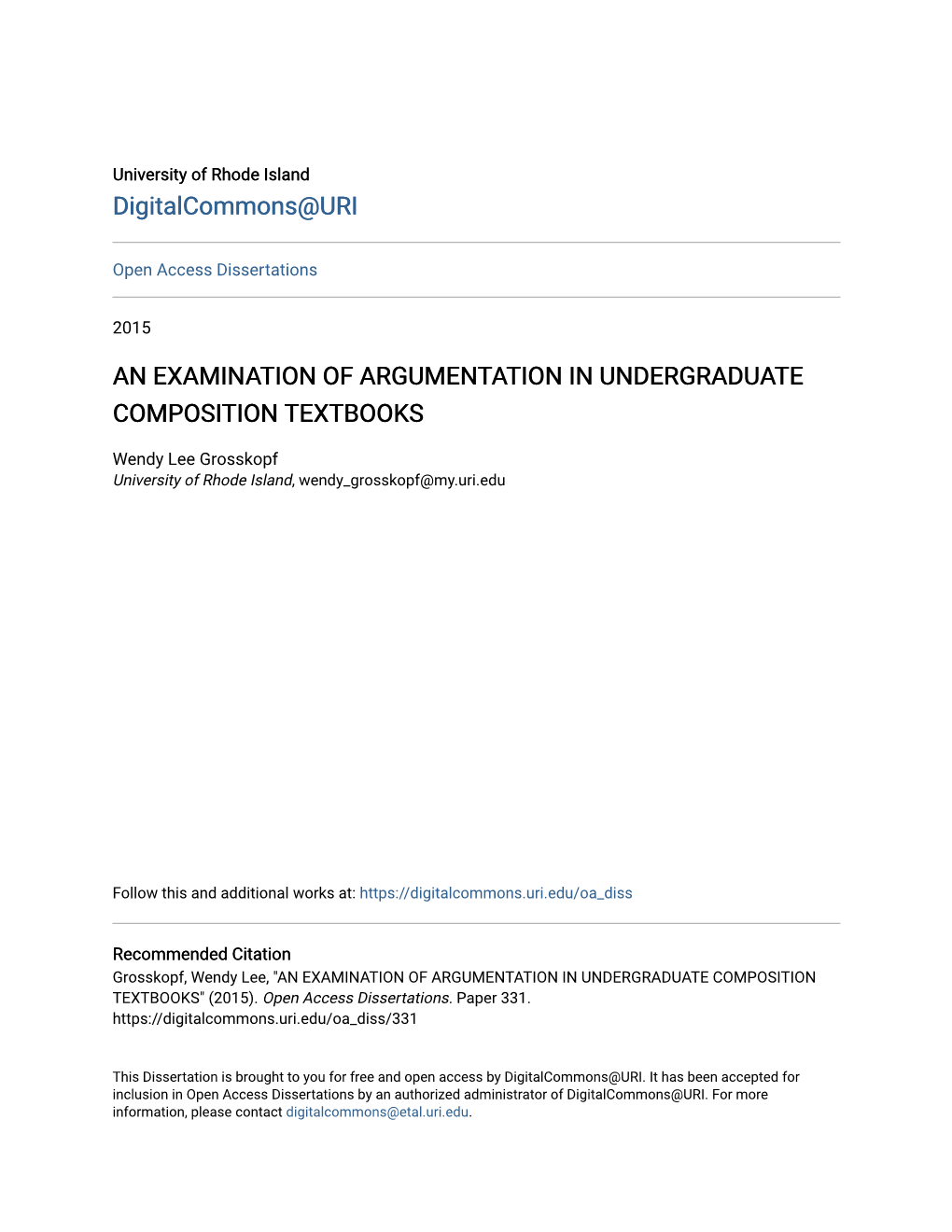 An Examination of Argumentation in Undergraduate Composition Textbooks