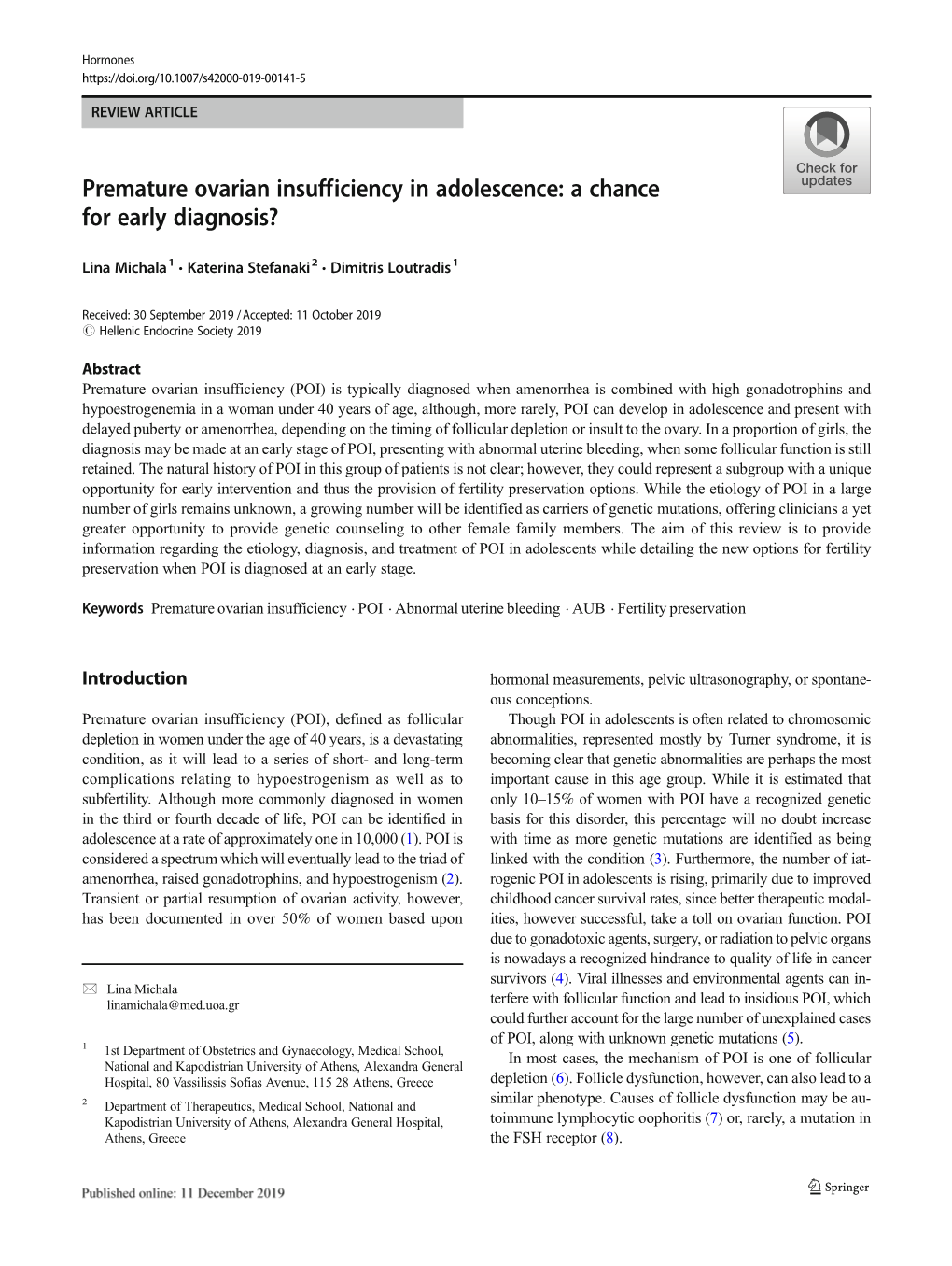 Premature Ovarian Insufficiency in Adolescence: a Chance for Early Diagnosis?