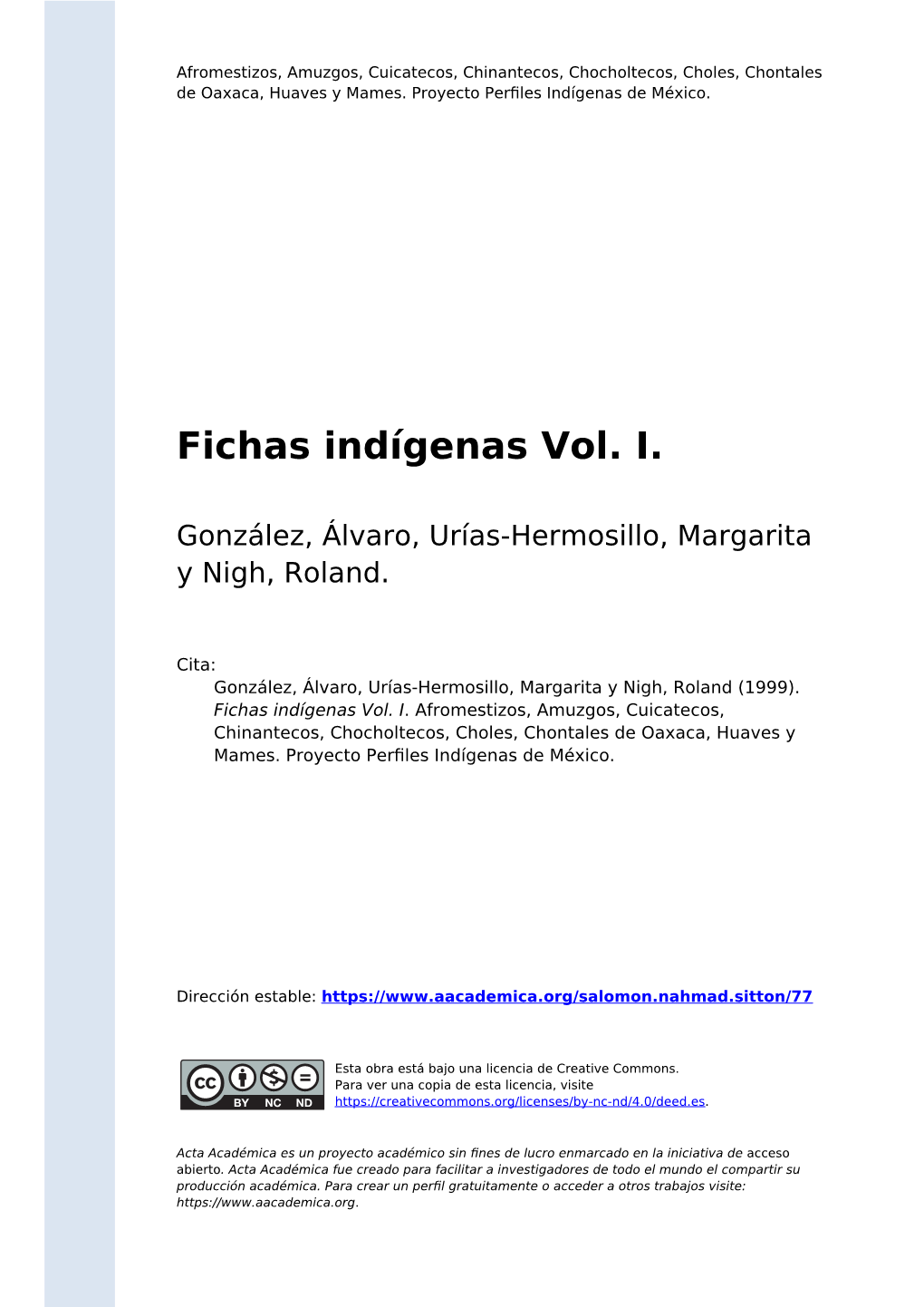Fichas Indígenas Vol. I