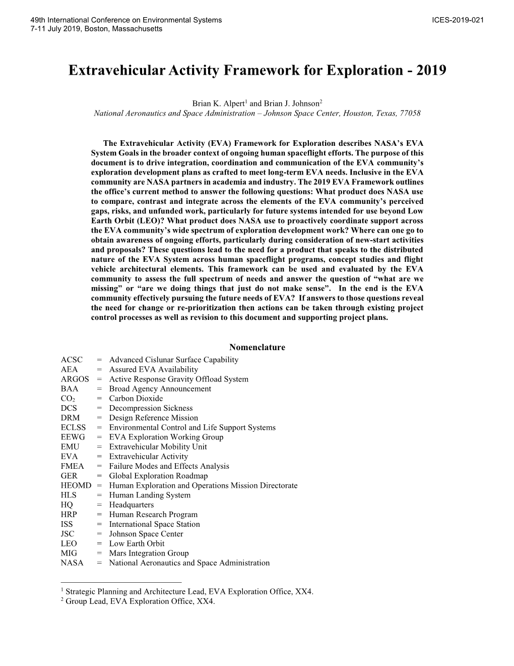 Extravehicular Activity Framework for Exploration - 2019