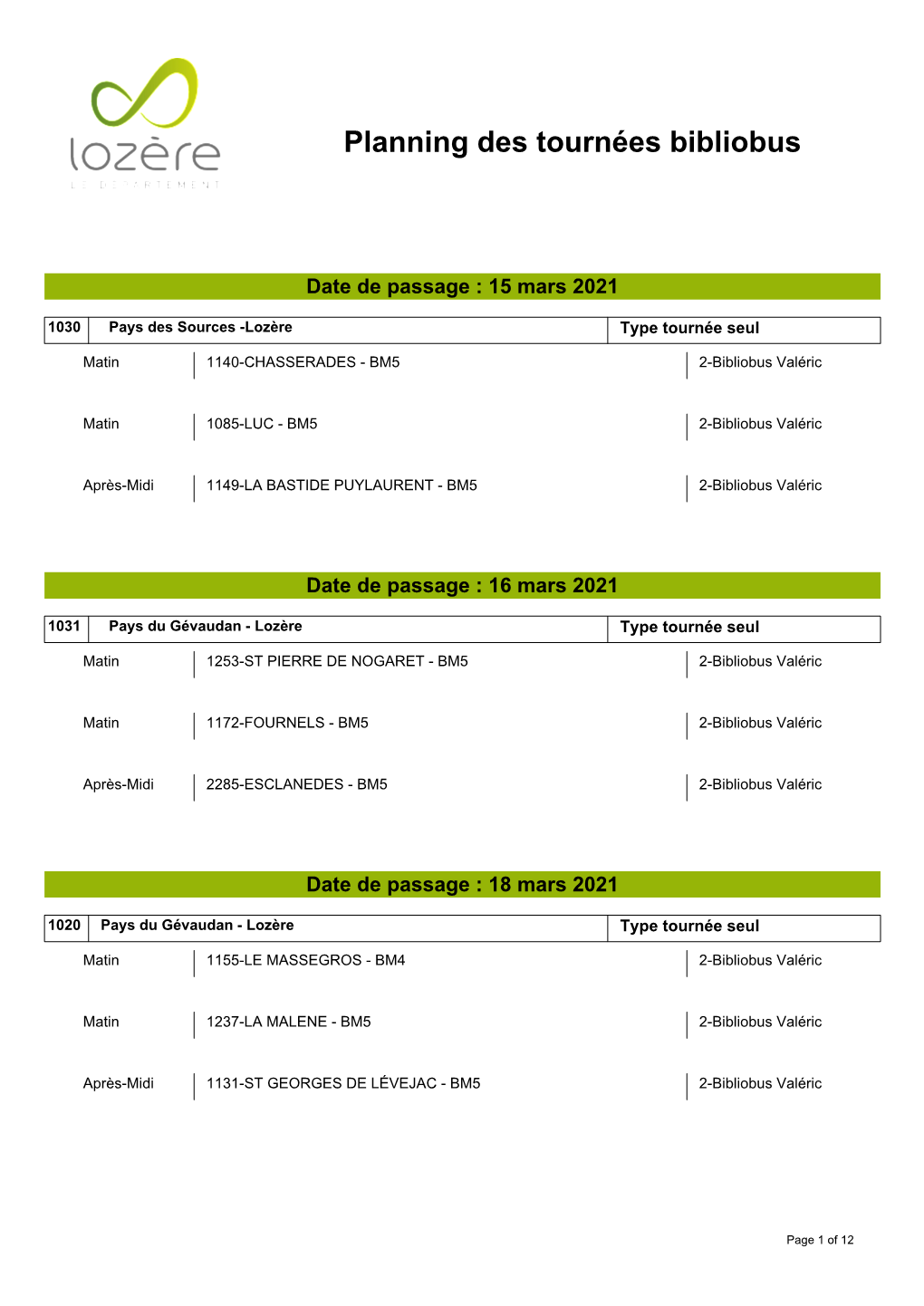 Planning Des Tournées Bibliobus