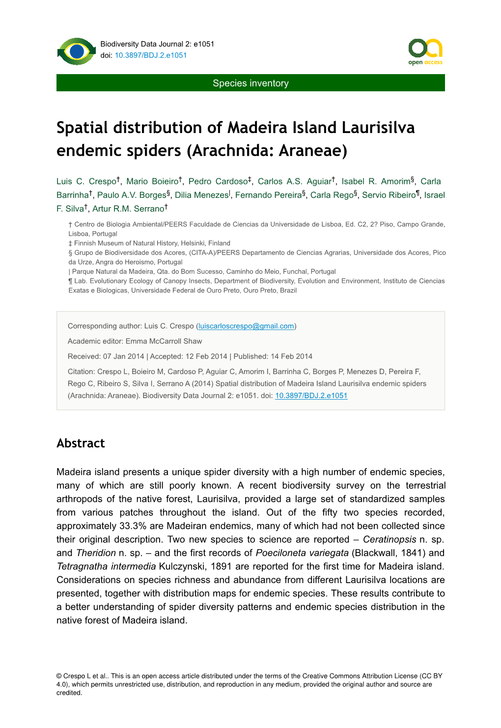Spatial Distribution of Madeira Island Laurisilva Endemic Spiders (Arachnida: Araneae)