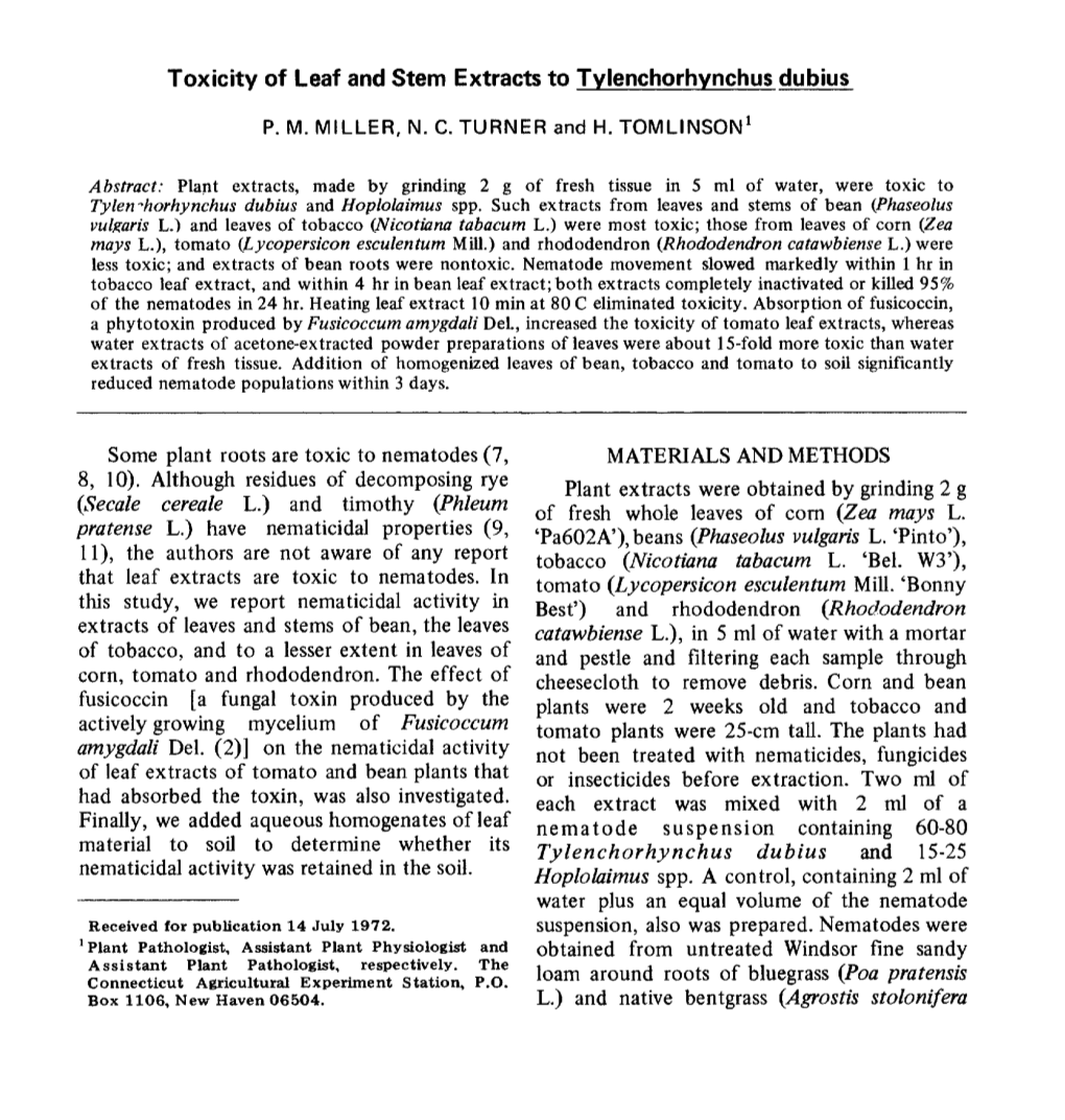 Toxicity of Leaf and Stem Extracts to Tylenchorhynchus Dubius