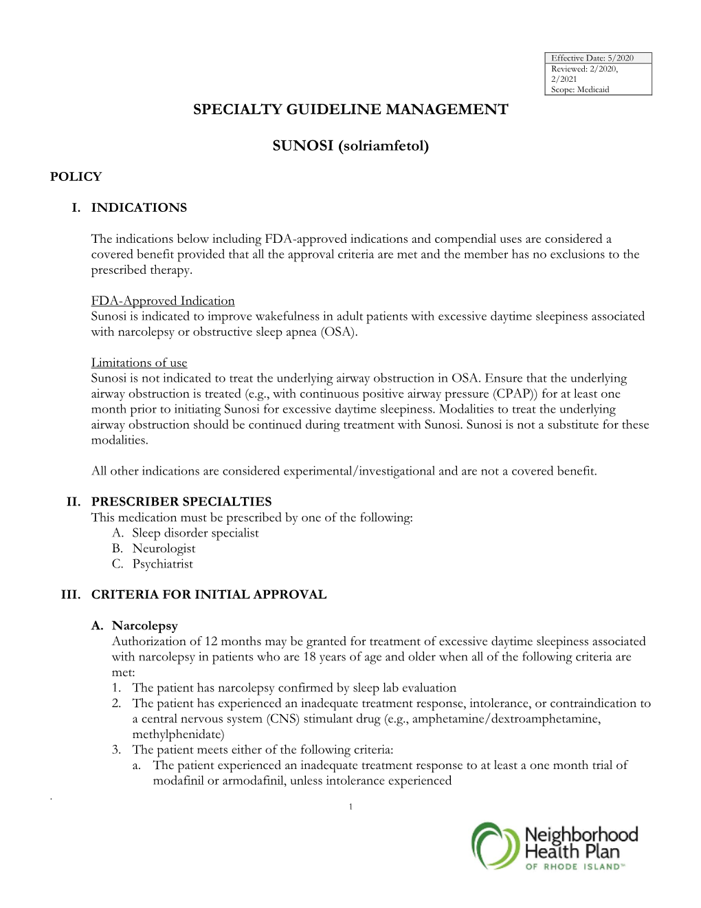 SPECIALTY GUIDELINE MANAGEMENT SUNOSI (Solriamfetol)