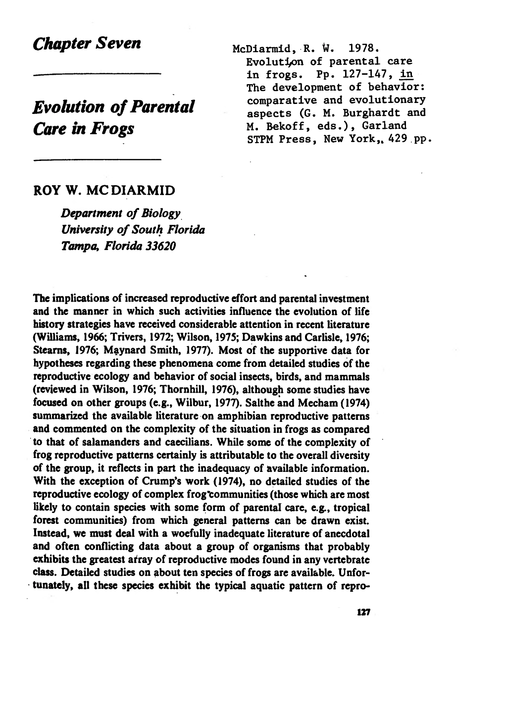 Chapter Seven Evolution of Parental Care in Frogs