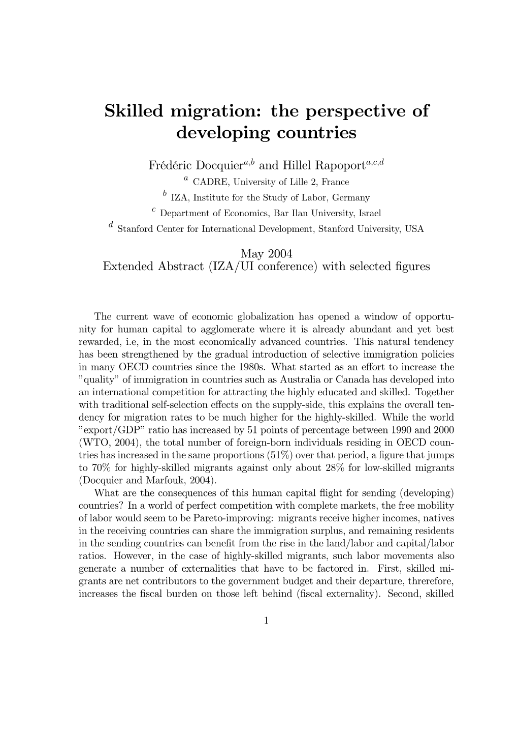 Skilled Migration: the Perspective of Developing Countries