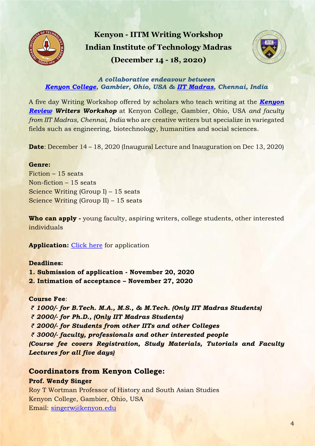 Kenyon - IITM Writing Workshop Indian Institute of Technology Madras (December 14 - 18, 2020)